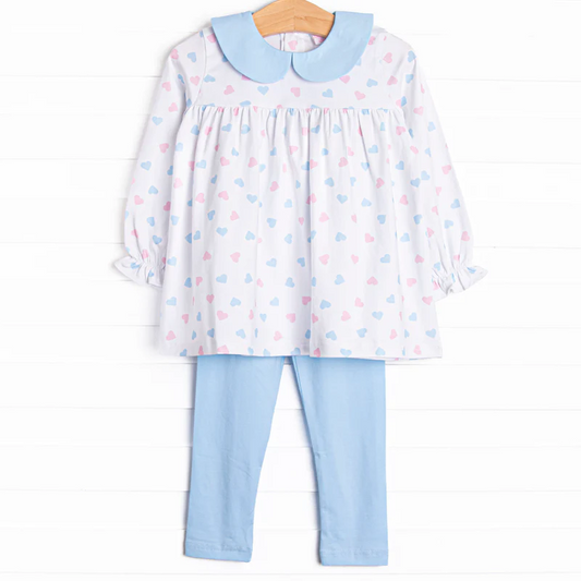 (Custom Design Preorder MOQ 5) Heart Tunic Top Blue Pants Girls Valentine's Day Clothes Set