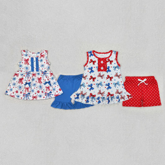 Red Blue Bows Sleeveless Top Dots Shorts Girls 4th of July Clothes Set Sisters Wear
