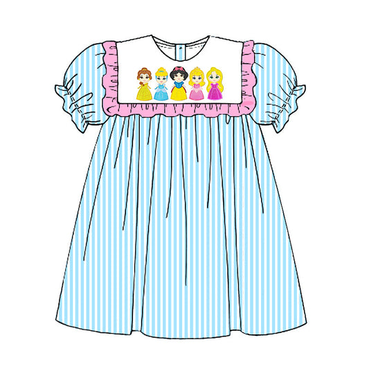 (Custom Design Preorder MOQ 5) Cartoon Princess Blue Stripes Print Girls Knee Length Dress