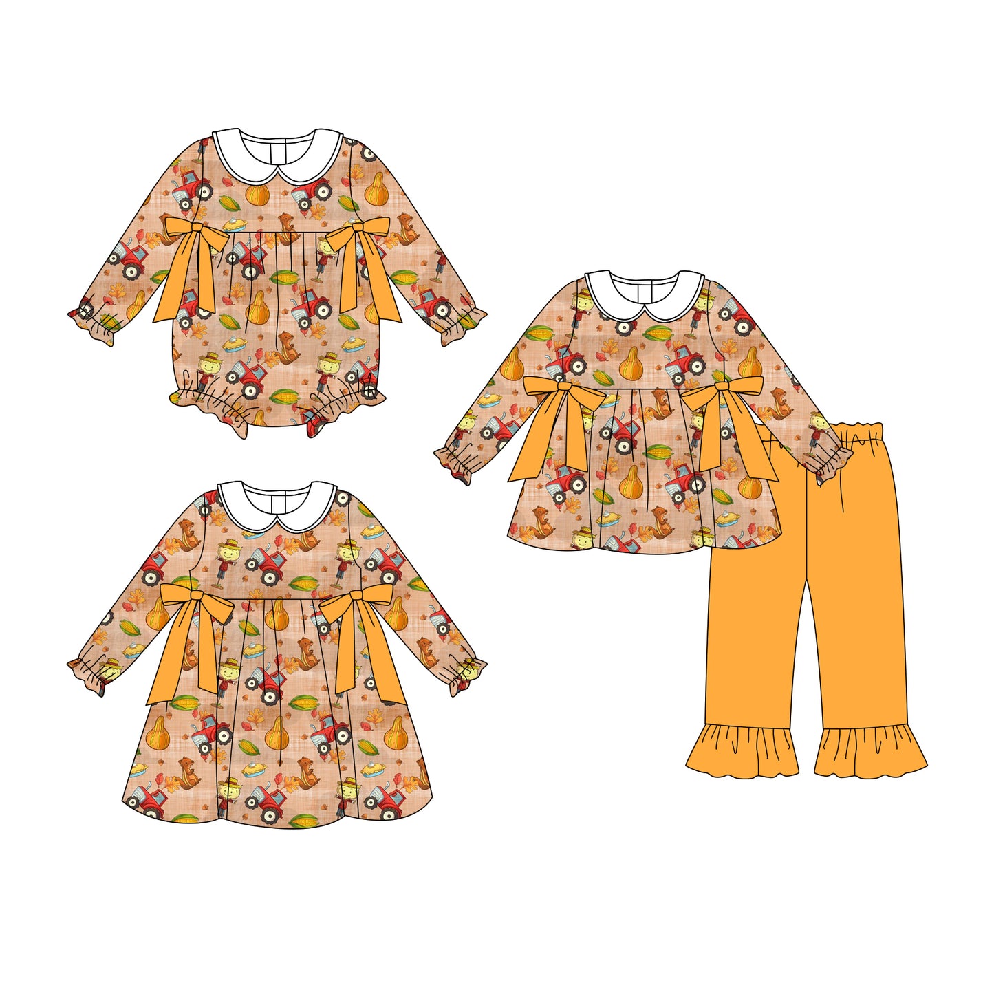 7.1(Custom Design Preorder MOQ 5 Each Design) Farm Pumpkin Print Girls Fall Matching Clothes Sisters Wear