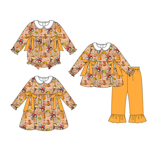 7.1(Custom Design Preorder MOQ 5 Each Design) Farm Pumpkin Print Girls Fall Matching Clothes Sisters Wear