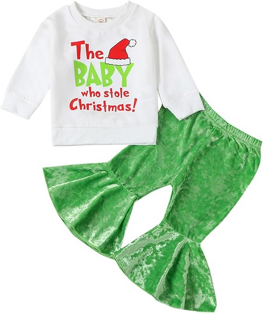 (Custom Design MOQ 5)  The Baby Who Stole Christmas Top Green Velvet Bell Pants Girls Clothes set