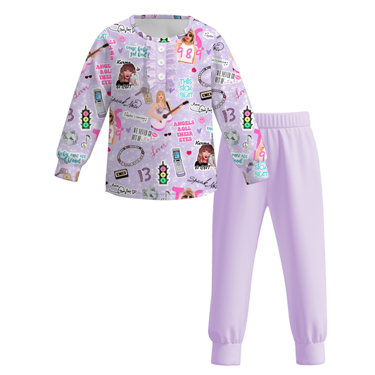 (Custom Design Preorder MOQ 5)  Singer Swiftie Top Purple Pants Girls Fall Clothes Set