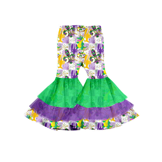 (Custom Design Preorder MOQ 5) Crayfish Crocodile Plaid Print Girls Mardi Gras Bell Bottom Pants