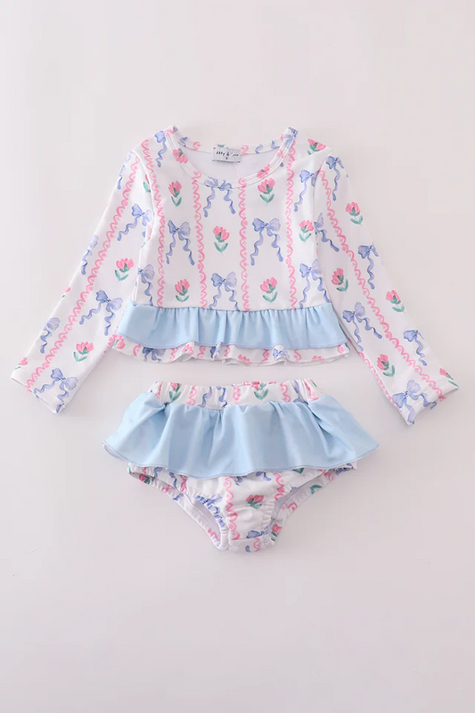 (Custom Design Preorder MOQ 5) Flowers Bows Long Sleeve Top Ruffle Shorts Girls 2 Pieces Swimsuits