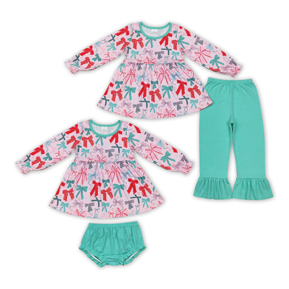 Red Green Bows Print Sisters Christmas Matching Clothes