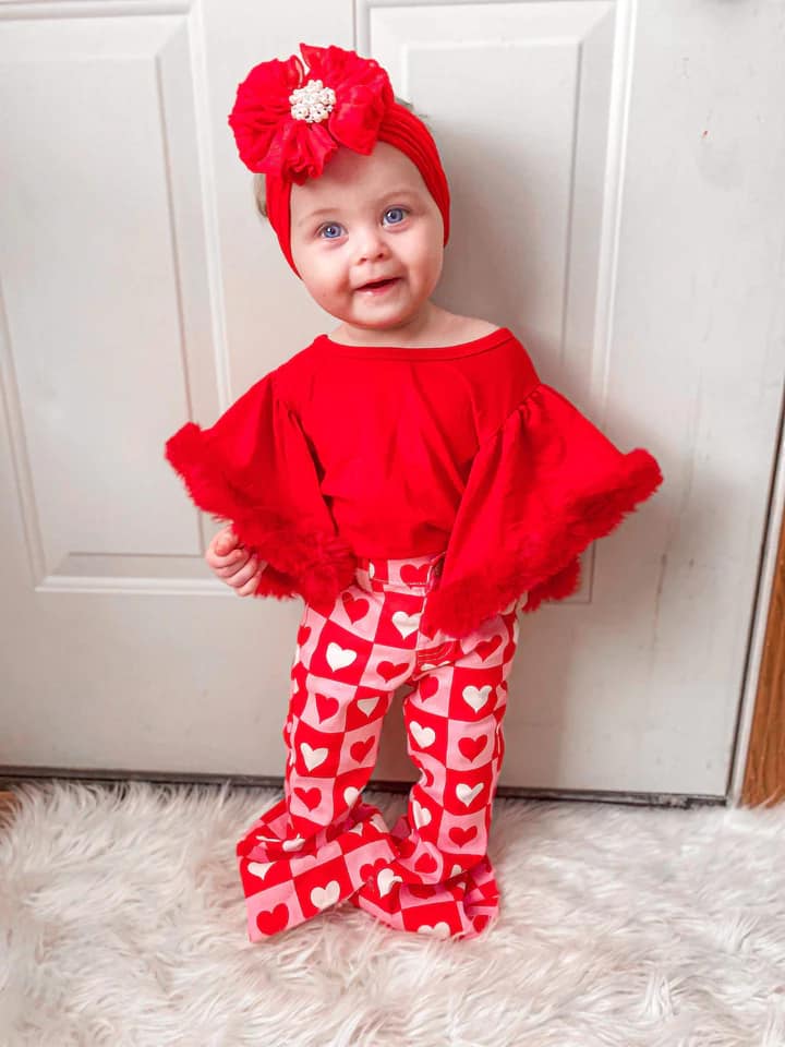 SR0412+P0324 Red Fur Sleeve Romper Heart Jeans Baby Girls Valentine's Day Clothes Set