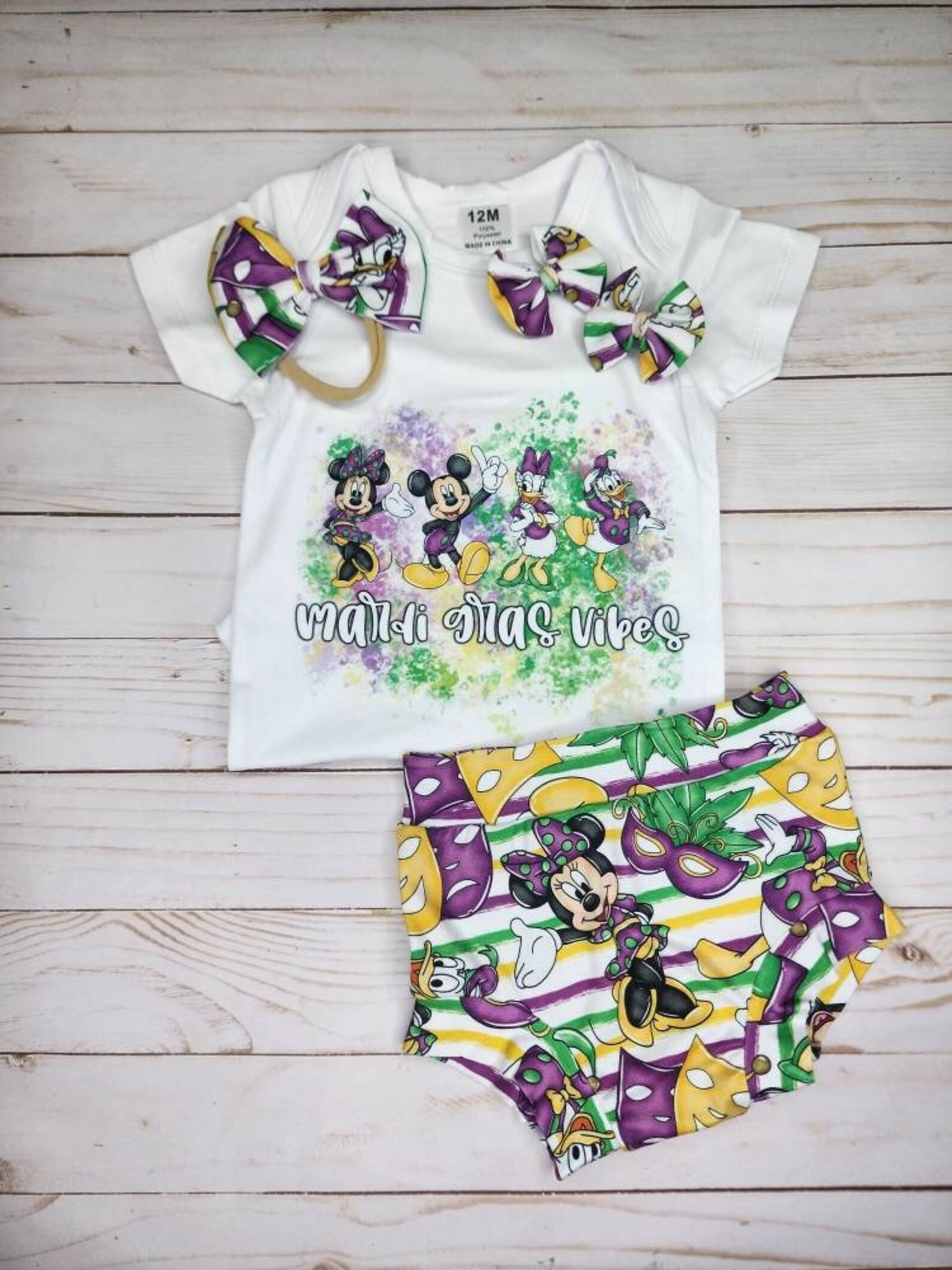 (Custom Design Preorder MOQ 5)  Cartoon Mouse Duck Print Baby Girls Mardi Gras Bummie Set