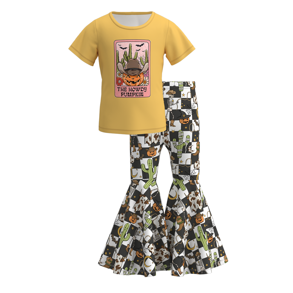 (Custom Design Preorder MOQ 5) Howdy Pumpkin Top Bell Pants Girls Halloween Clothes Set