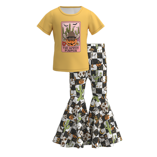 (Custom Design Preorder MOQ 5) Howdy Pumpkin Top Bell Pants Girls Halloween Clothes Set