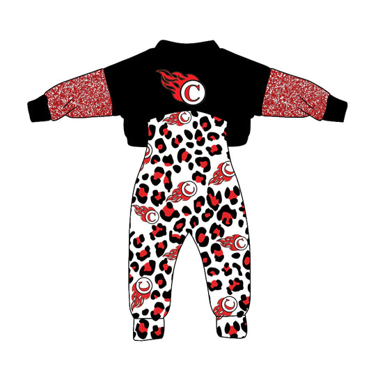 (Custom Design Preorder MOQ 5) Team's CARDINAL Top Leopard Jumpsuits Girls Clothes Set