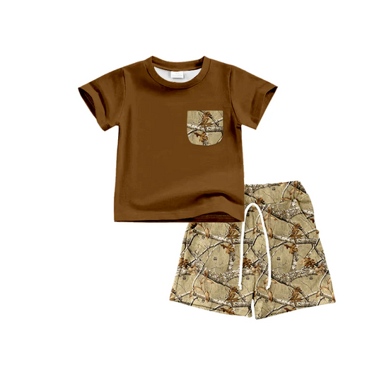 (Custom Design Preorder MOQ 5)  Brown Pocket Top Branch Shorts Boys Summer Clothes Set