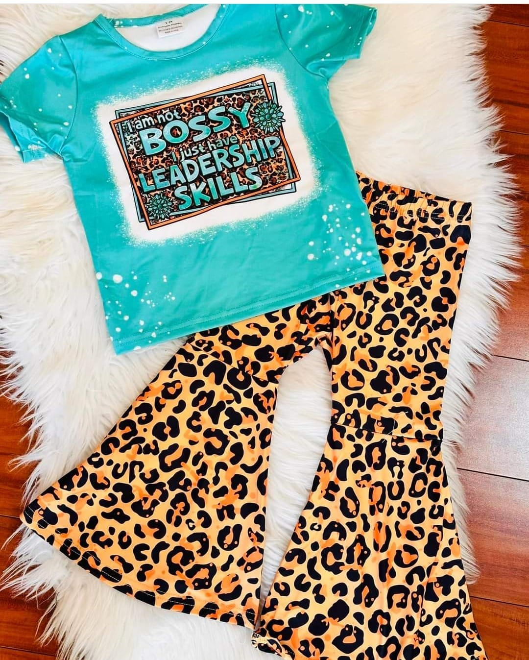 (Custom Design Preorder MOQ 5) Bossy Turquoise Top Leopard Bell Pants Girls Western Clothes Set