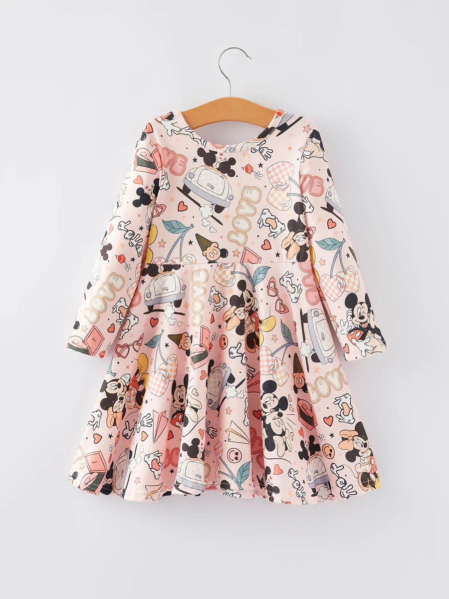 (Custom Design Preorder MOQ 5)  Cartoon Mouse LOVE Print Girls Valentine's Day Knee Length Dress
