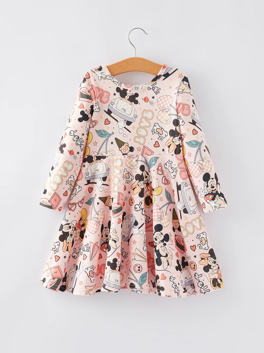 (Custom Design Preorder MOQ 5)  Cartoon Mouse LOVE Print Girls Valentine's Day Knee Length Dress