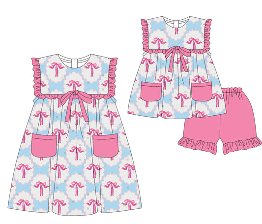 3.5(Custom Design Preorder MOQ 5 Each Design) Pink Bows Print Pockets Girls Summer Matching Clothes Sisters Wear