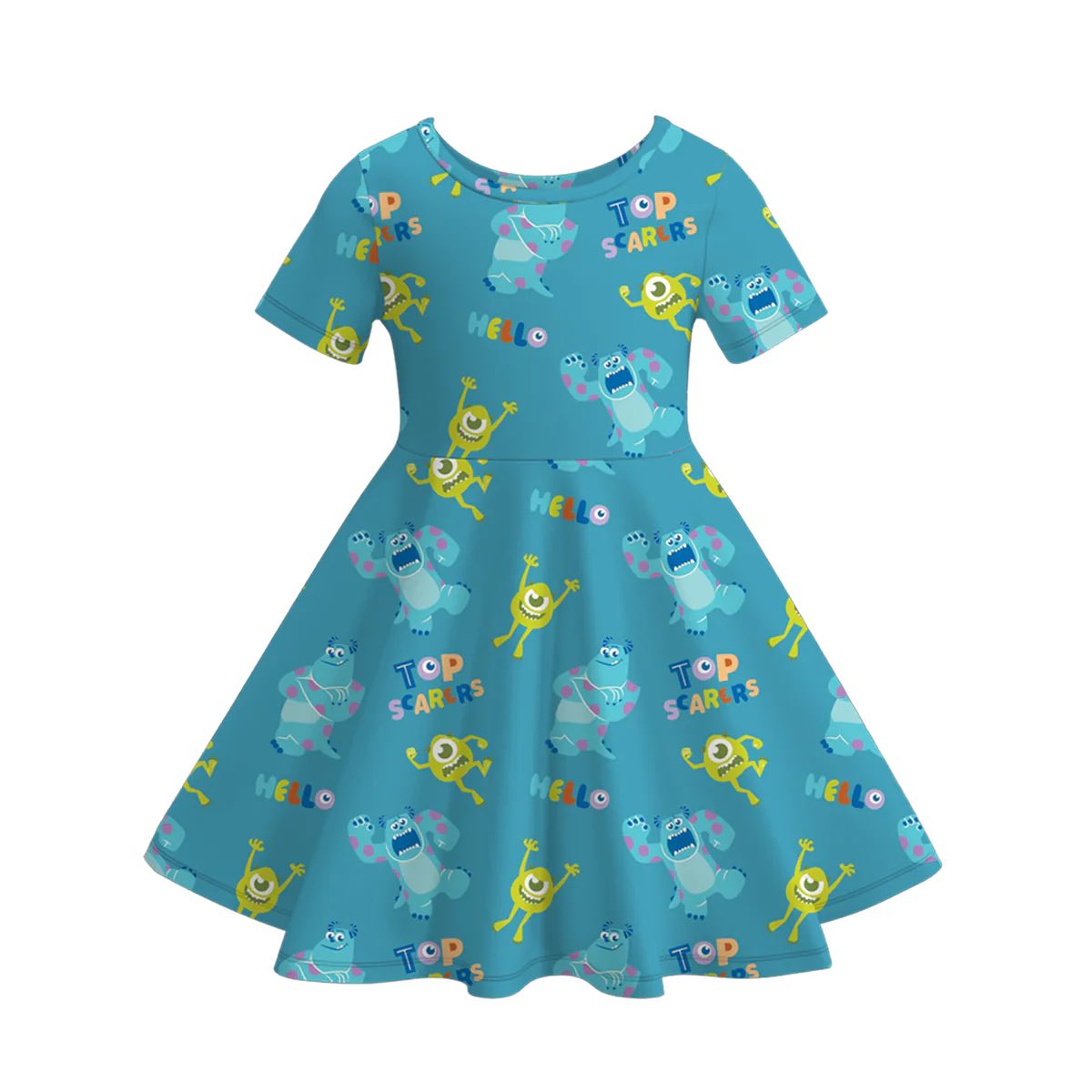 (Custom Design Preorder MOQ 5) Cartoon Monster Print Girls Summer Knee Length Dress