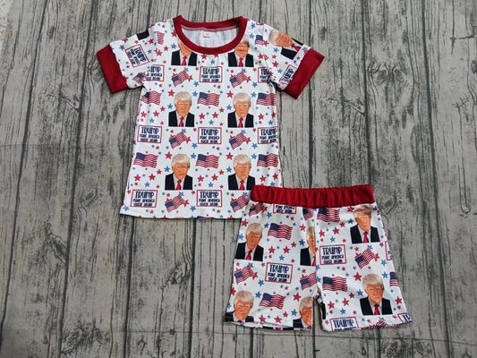 (Custom Design Preorder MOQ 3 ) TRUMP Flags Print Boys Summer Pajamas Clothes Set