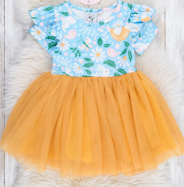 (Custom Design Preorder MOQ 5) Bunny Flowers Print Girls Easter Knee Length Tulle Dress