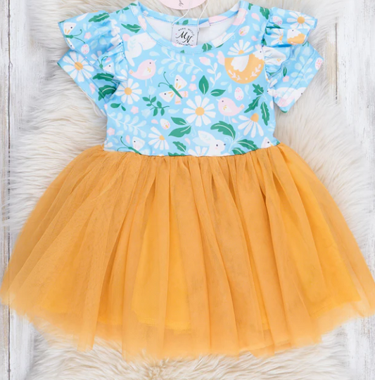 (Custom Design Preorder MOQ 5) Bunny Flowers Print Girls Easter Knee Length Tulle Dress