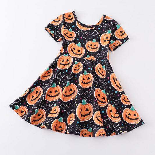 (Custom Design Preorder MOQ 5) Pumpkin Print Girls Knee Length Halloween Dress