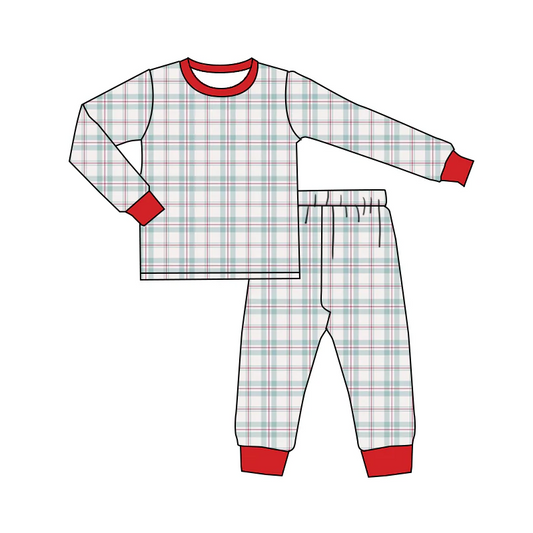 (Custom Design Preorder MOQ 5) Plaid Print Boys Christmas Pajamas Clothes Set