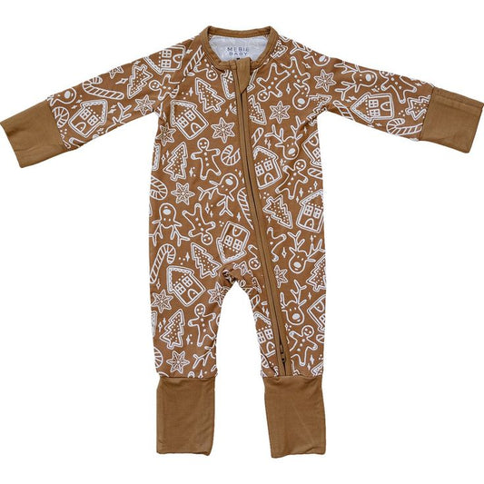 (Custom Design Preorder MOQ 5) Gingerbread Brown Print Baby Christmas Bamboo Sleeper Zipper Romper