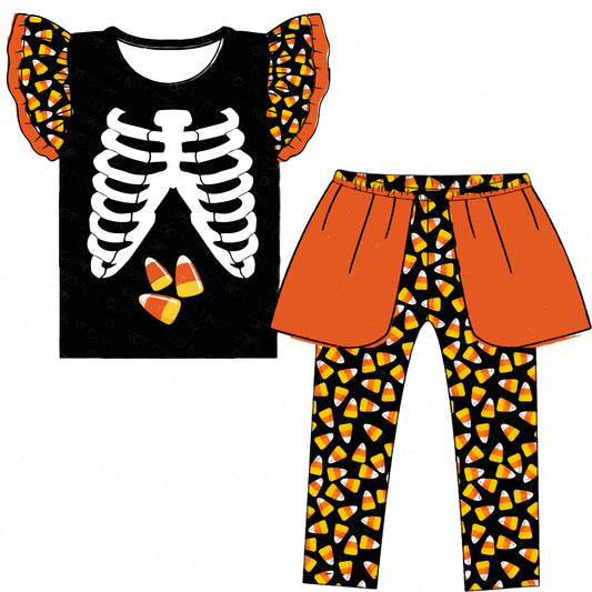 (Custom Design Preorder MOQ 5) Candy Print Top Pants Girls Halloween Clothes Set