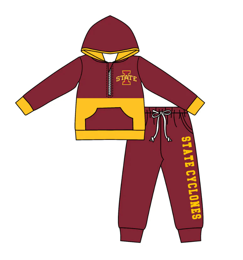 (Custom Design Preorder MOQ 5) Team's Iowa State Cyclones Print Hoodie Zipper Top Pockets Pants Boys Fall Clothes Set