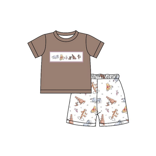 (Custom Design Preorder MOQ 5) Cartoon Bear Brown Top Shorts Boys Summer Clothes Set