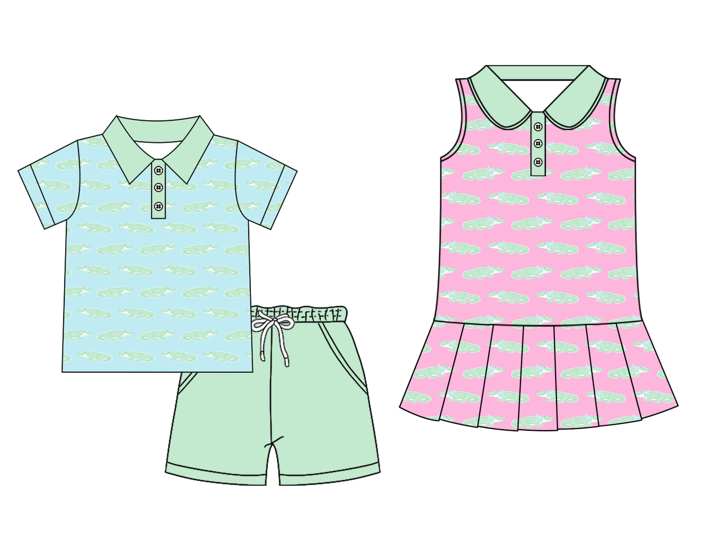 12.4 (Custom Design Preorder MOQ 5) Crocodile Print Kids Summer Pajamas Clothes Set Sibling Wear