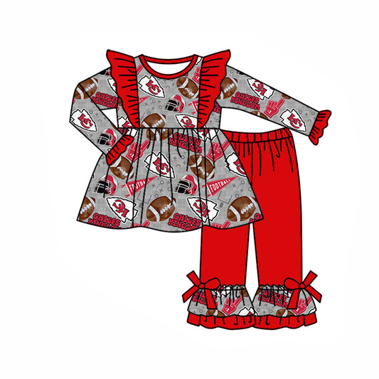 (Custom Design Preorder MOQ 5) Team's KC Gray Tunic Top Red Ruffle Pants Girls Fall Clothes Set