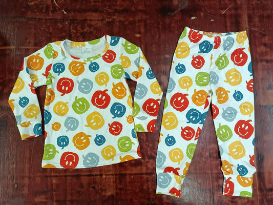 (Custom Design Preorder MOQ 5) Colorful Pumpkin Print Kids Fall Pajamas Clothes Set