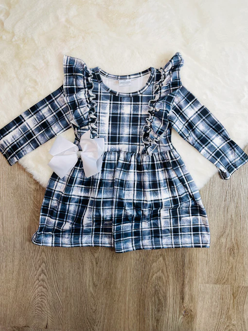 (Custom Design Preorder MOQ 5) Navy Plaid Print Girls Knee Length Fall Dress