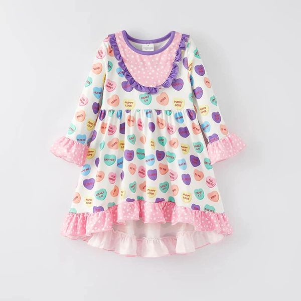 (Custom Design Preorder MOQ 5) Colorful Hearts Print Girls Valentine's Day Knee Length Dress