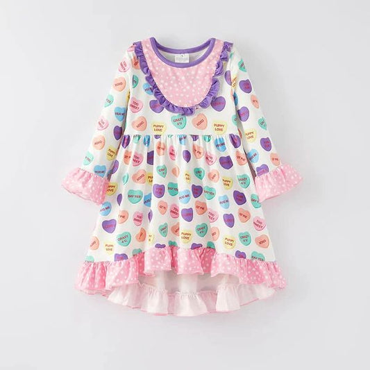 (Custom Design Preorder MOQ 5) Colorful Hearts Print Girls Valentine's Day Knee Length Dress