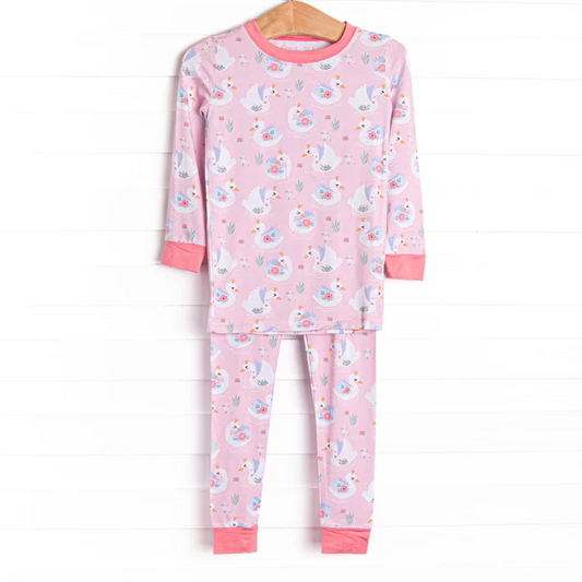 (Custom Design Preorder MOQ 5) Swan Flowers Print Girls Pajamas Clothes Set