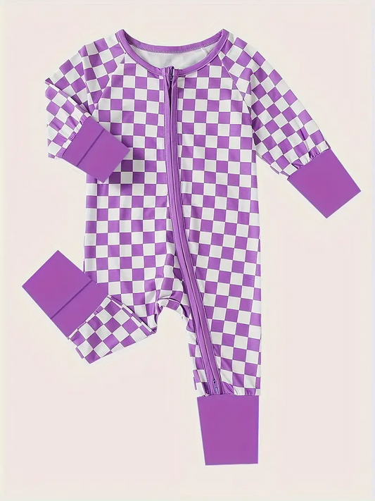 (Custom Design Preorder MOQ 5) Purple Plaid Print Baby Boys Sleeper Fall Zipper Romper