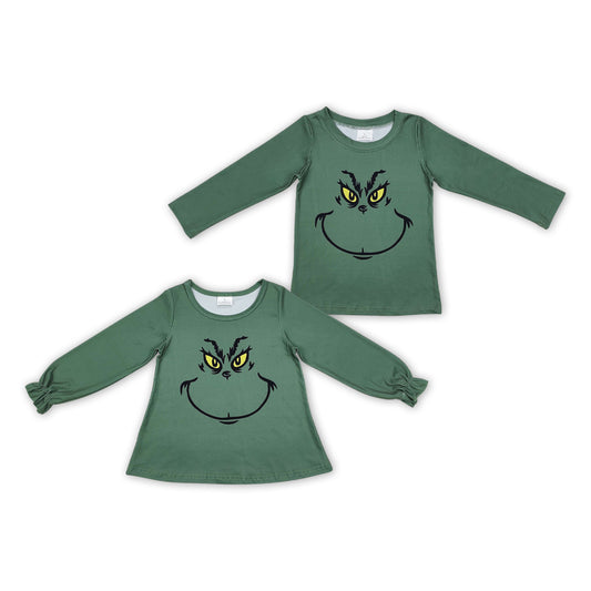 Green Frog Face Print Sibling Christmas Matching Tee Shirts Top