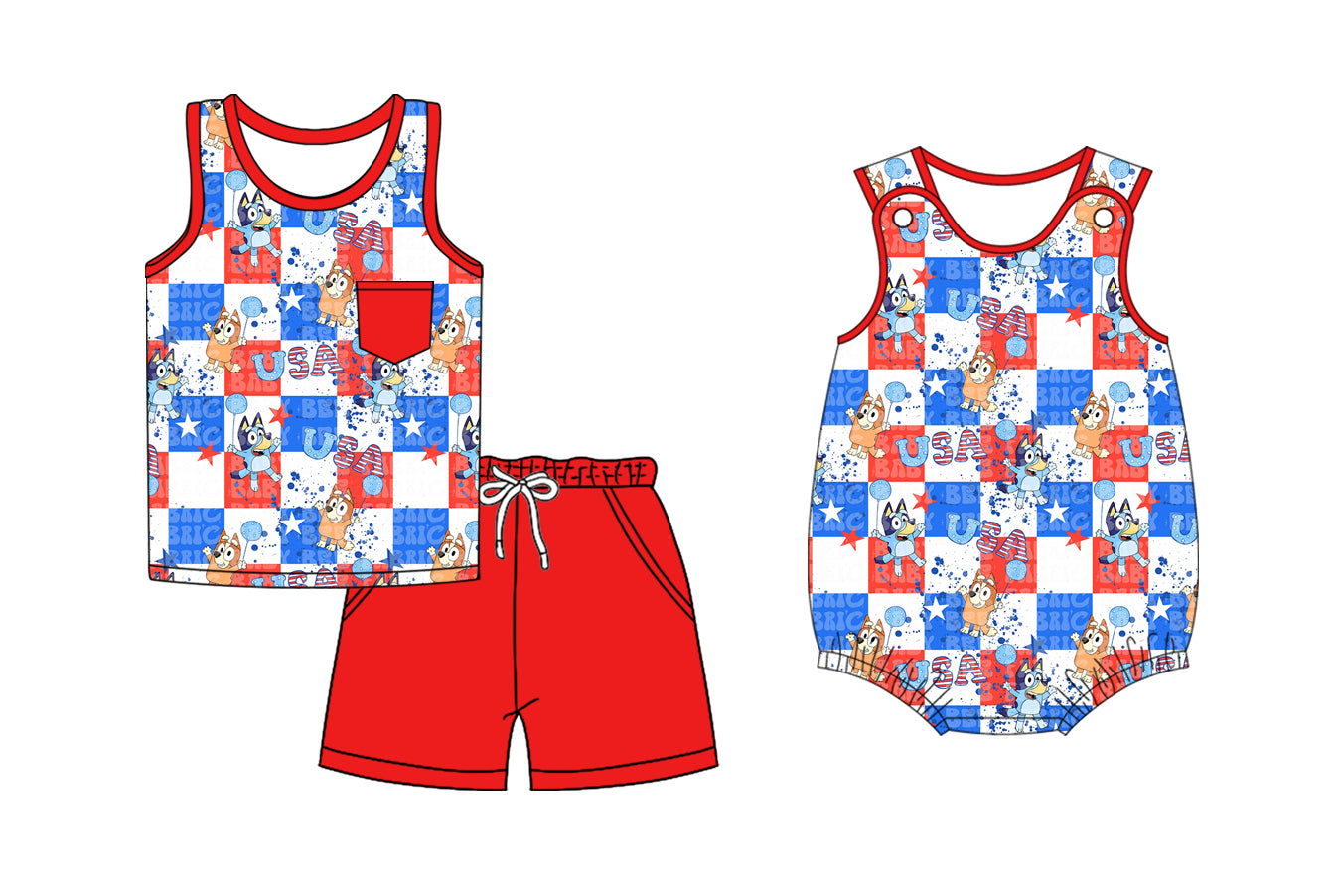 2.22(Custom Design Preorder MOQ 5 Each Design) Cartoon Dog USA Stars Print Boys 4th of July Matching Clothes Brothers Wear