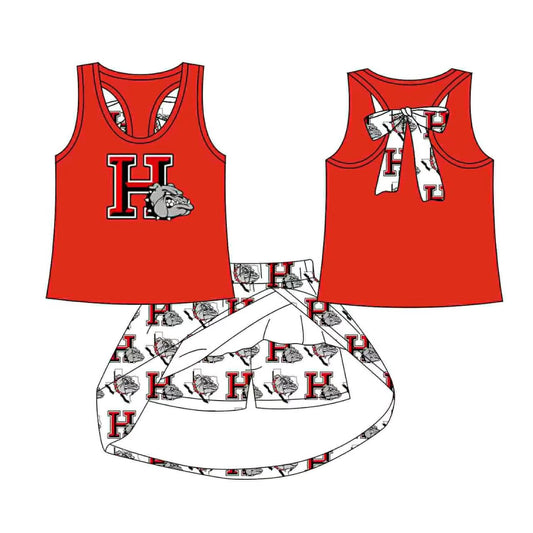 (Custom Design Preorder MOQ 5) Team's H Red Top Skirts Shorts Girls Clothes Sets