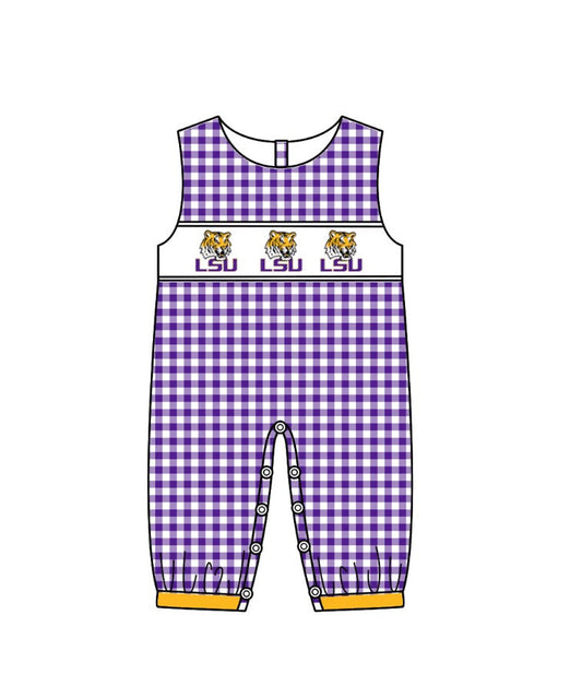 (Custom Design Preorder MOQ 5) Team's LSU Purple Plaid Print Baby Boys Romper