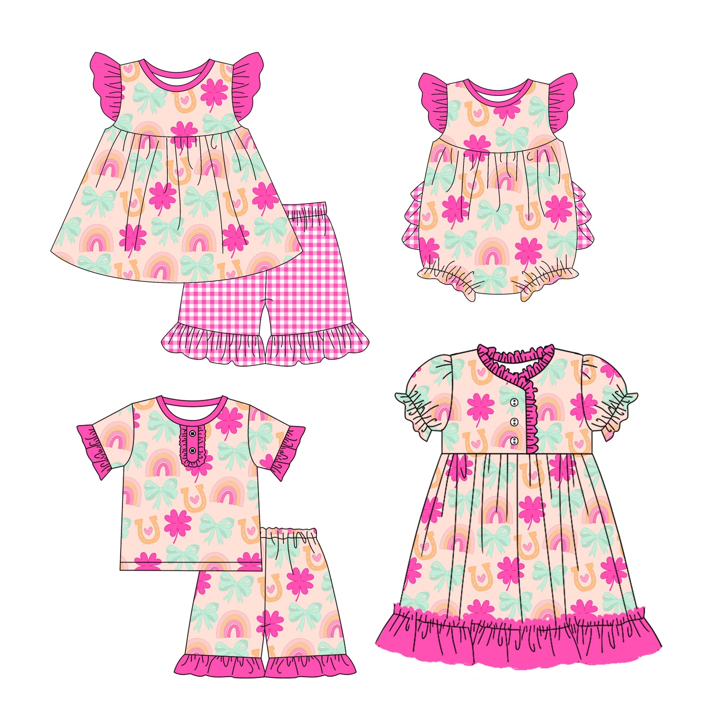 12.10(Custom Design Preorder MOQ 5 Each Design) Rainbow Bows Hot Pink Print Girls St. Patrick's Day Matching Clothes Sisters Wear