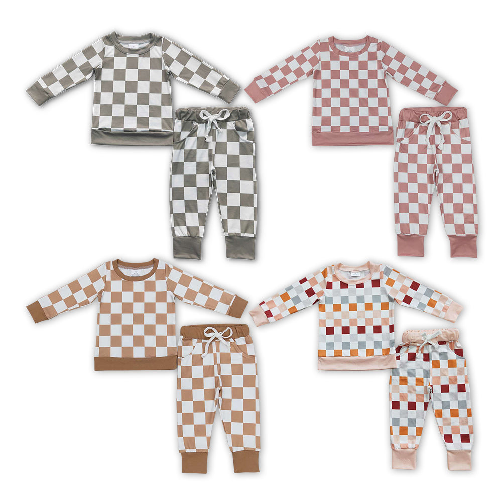 (Promotion)4 Colors Plaid Print Kids Fall Pajamas Clothes Set Sibling Wear