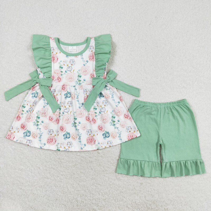 Green Flowers Print Sisters Summer Matching Clothes