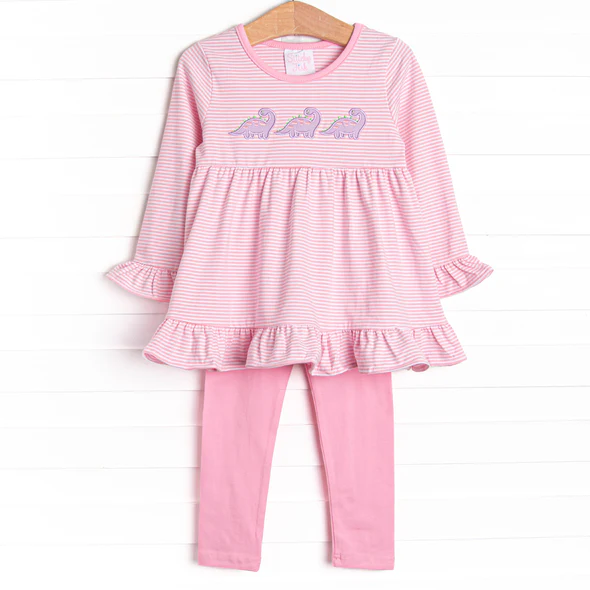 (Custom Design Preorder MOQ 5)  Dino Stripes Tunic Top Pink Pants Girls Clothes Set
