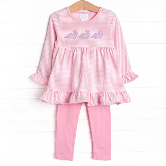 (Custom Design Preorder MOQ 5)  Dino Stripes Tunic Top Pink Pants Girls Clothes Set