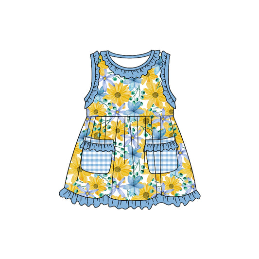 (Custom Design Preorder MOQ 5) Blue Flowers Print Pockets Girls Knee Length Summer Dress