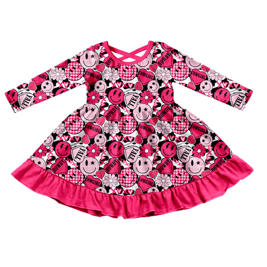 (Custom Design Preorder MOQ 5) Howdy XOXO Flowers Smiling Face Print Girls Valentine's Knee Length Dress
