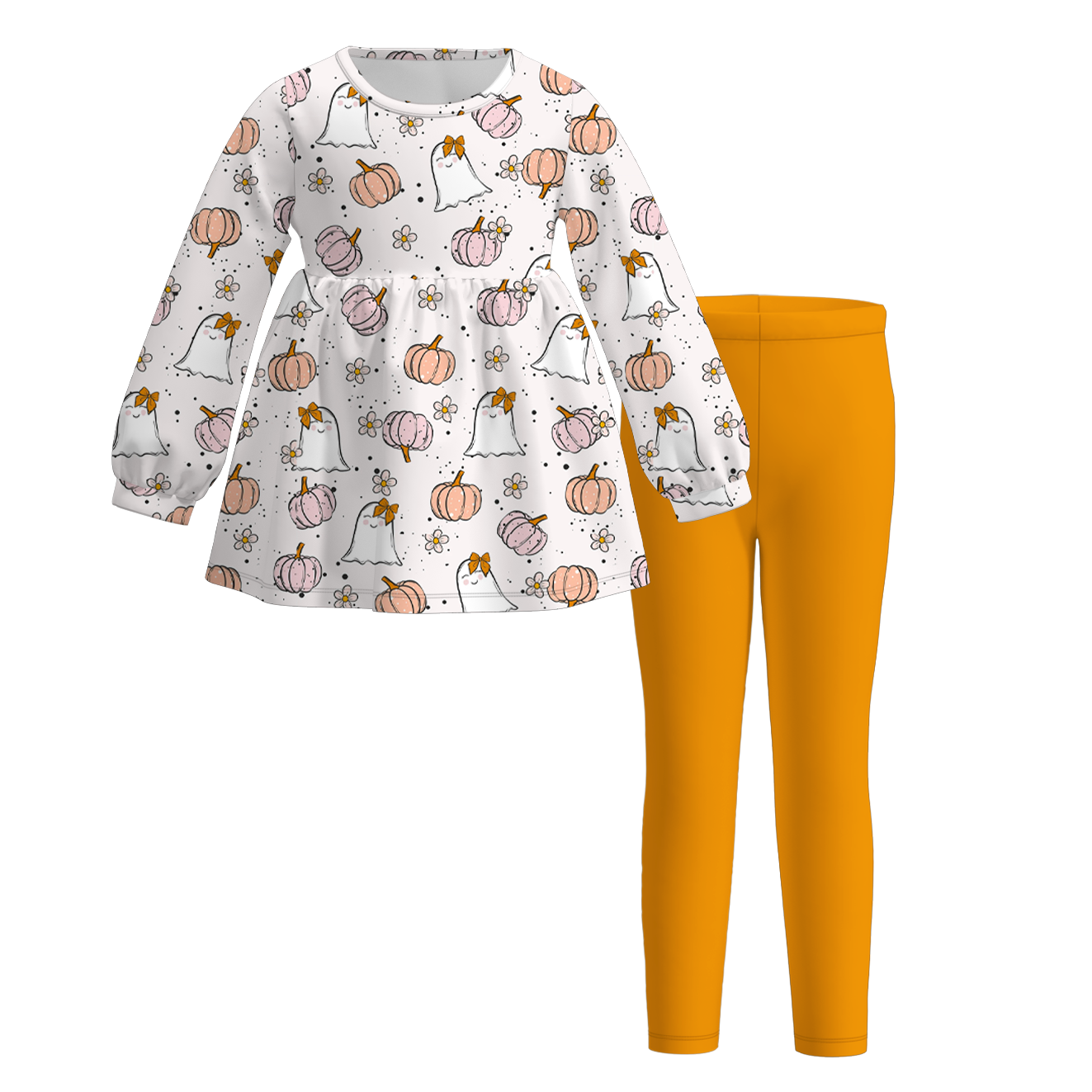 (Custom Design Preorder MOQ 5) Ghost Pumpkin Flowers Tunic Top Legging Pants Girls Halloween Clothes Set